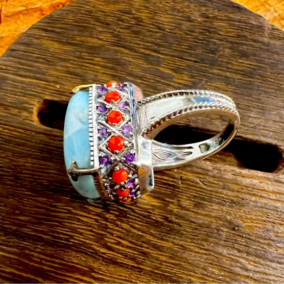 🌟I’m REAL & REAL pretty!🌟Genuine Silver, Turquoise, Coral & Amethyst Ring SZ 7 - Picture 10 of 15